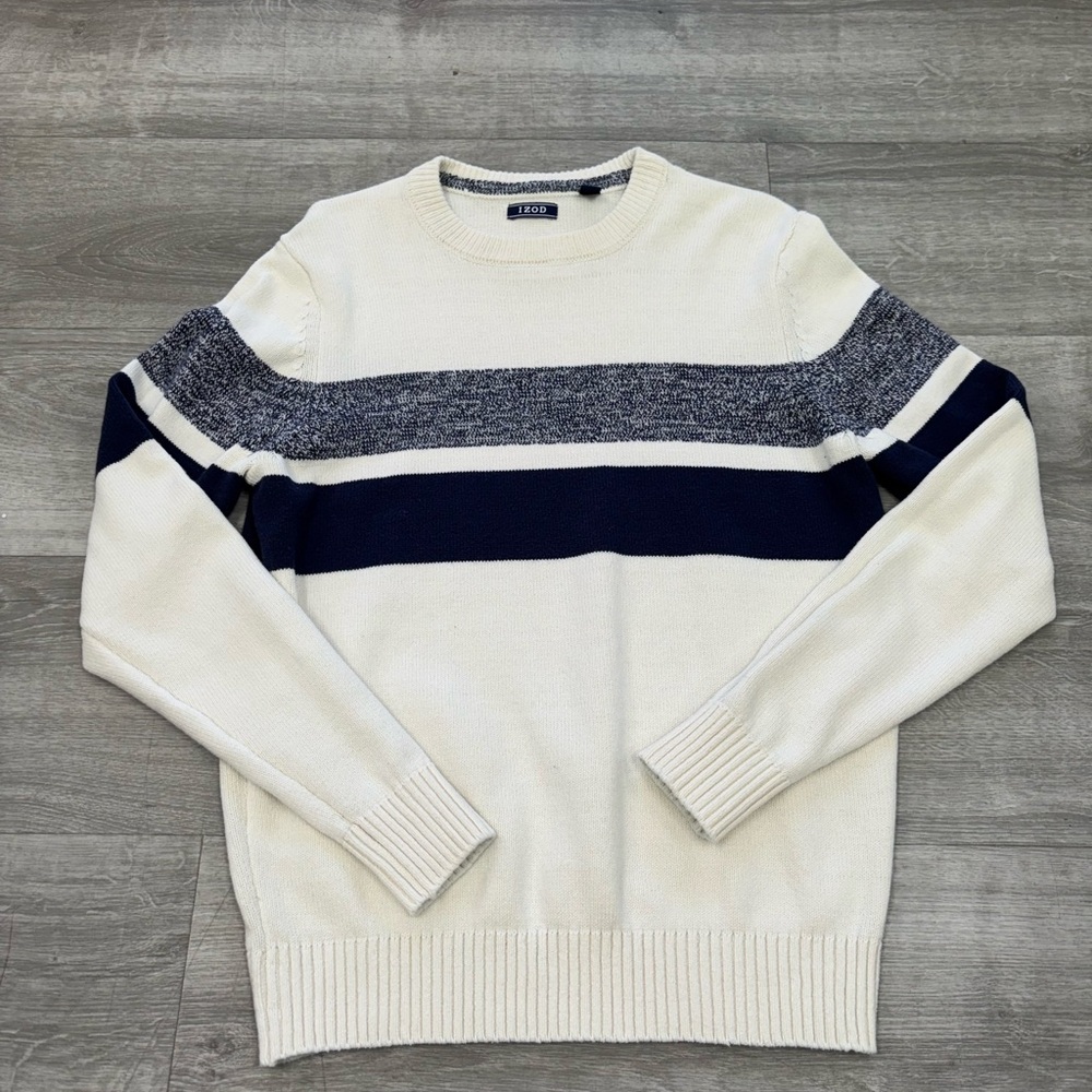 ☘️ Men's Cream and Navy Striped Sweater Izod Size Small